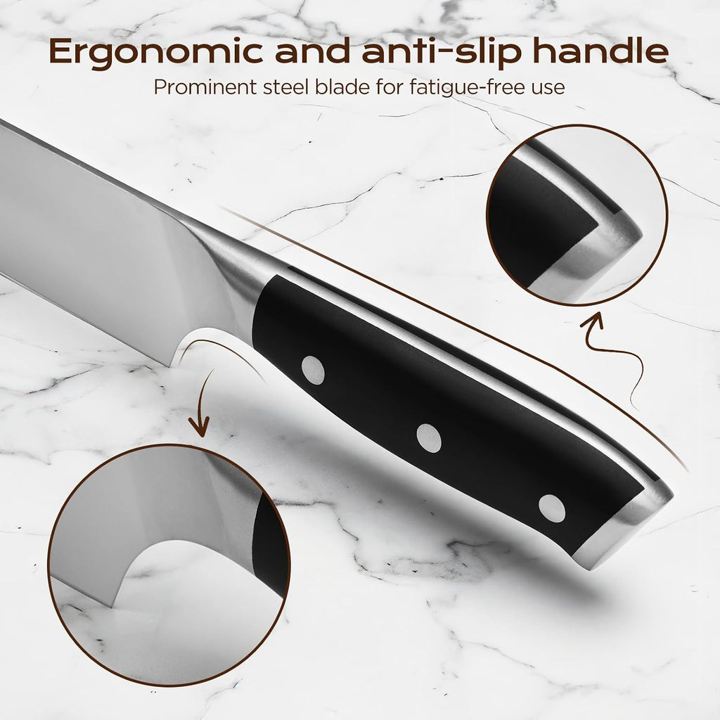 14 PCS Knife Set with Oak Wood Block,High Carbon Stainless Steel Kitchen Knife Set with Chef Knife, Santoku, Bread, Paring,Steak Knives, Kitchen Shears Sharp Knife Block Set with Sharpener